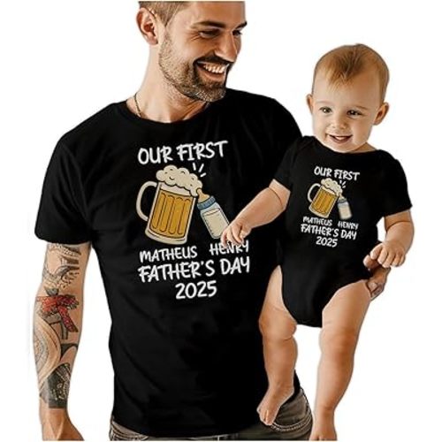 Personalized First Father's Day Matching Shirts - Custom Dad and Baby Outfit - Daddy and Son/Daughter Matching T-Shirts - Funny New Dad Gift Set - Beer and Milk Bottle Design