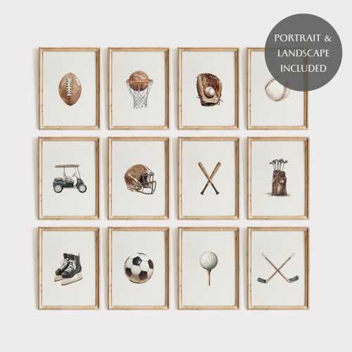 Sports Prints Set of 12 | Vintage Style Illustrations | Baseball, Football, Golf, Hockey, Basketball, Soccer | Boys Room Nursery Art | PS158