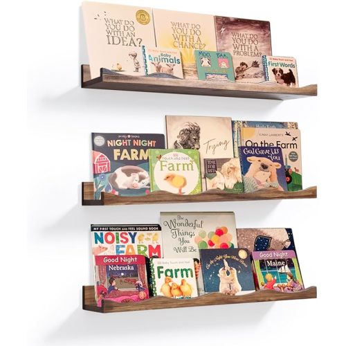 AZSKY Floating Bookshelf for Kids, Floating Shelves for Wall Cloud Picture Ledge Shelf Walnut 23.6 Inches Nursery Book Shelves Set 3, Baby Book Shelf for Toddler Room, Baby Room, Nursery Decor