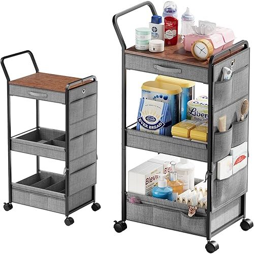 BBLIKE 3-Tier Diaper Caddy Organizer - Rolling Utility Baby Cart with Drawer and Side Pockets for Nursery and Baby Essentials, Multi-Function Cart for Bedroom and Bathroom, Black and Brown