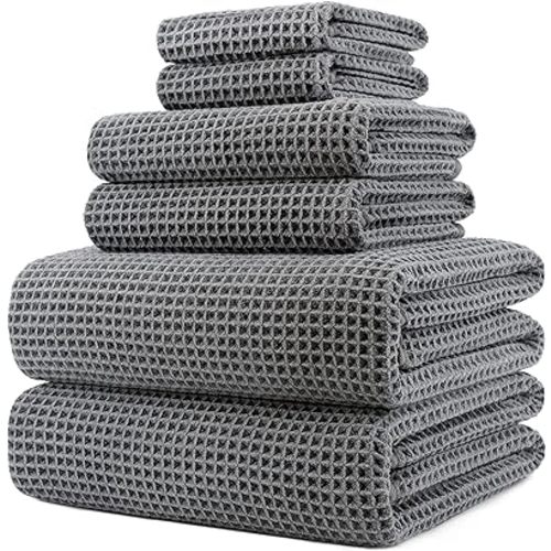 POLYTE 430 GSM Microfiber Quick Dry Lint Free Oversize Bath Towel Set, 6 Piece (Waffle Weave)