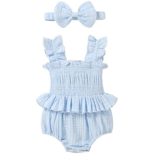 YOUNGER TREE Baby girl Romper Infant Summer Clothes Ruffle Sleeveless One Piece Bodysuit with Bow Headband Newborn Jumpsuit
