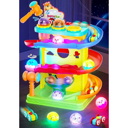 Funwee 2-in-1 Light Up Rolling Ball & Racing Car Ramp Toddler Toy, Race Track Hammer Ball Drop Toys, Interactive Montessori Learning Game for Kids 1-5+ Year Old Girl Boy Gift(Yellow)