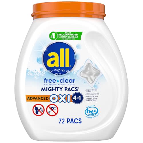 all Unit Dose Laundry Detergent, Mighty Pacs, Free Clear, OXI, 72 Count