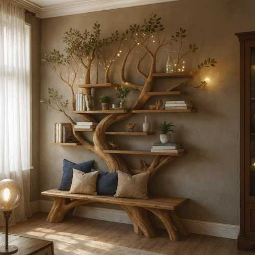 Handcrafted Tree Bookshelf with Bench: Rustic Solid Wood Bookcase