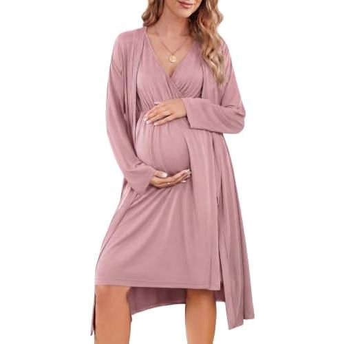 Cutecrop Maternity Nursing Gown and Robe Set Labor Delivery Hospital 2 Piece Postpartum Nightgowns Breastfeeding Lounge Set