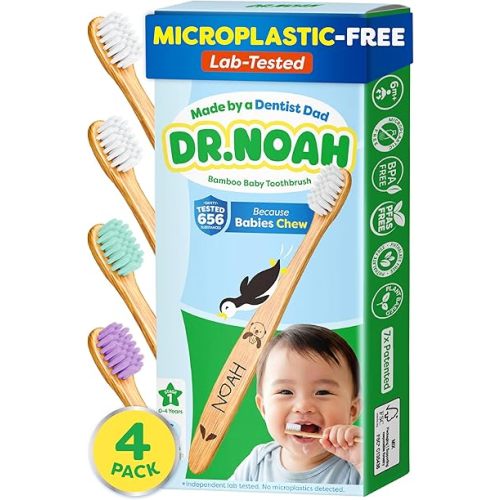 Dr. Noah Microplastic-Free Bamboo Baby Toothbrush | Dentist Designed | 656 Substances Safety Tested | BPA, PFAS & Phthalate Free | 4 Pack |Soft Bristles | Infant to Toddler, 6-12 Months, Age 2-4 Kids
