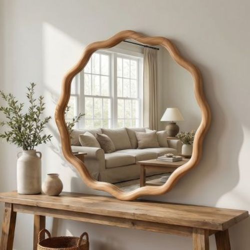 24" Round Wall Mirror, Oak Wavy Wood Frame Accent Mirror, Decorative Vanity Mirror for Entryway, Bathroom, or Living Room-Panipeachy