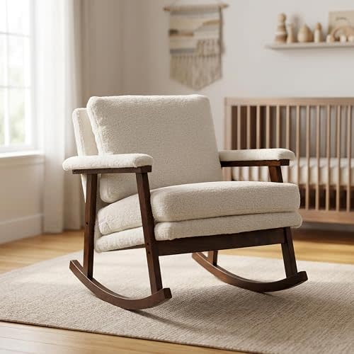 XJJWFR Rocking Chair Nursery, Compact Glider Rocking Chair for Indoor Use, Small Upholstered Rocker Chair for Bedroom Living Room, Teddy Fleece Accent Chair,White
