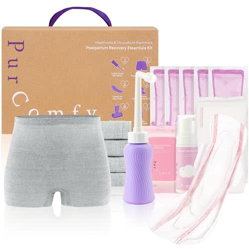 PurComfy 18 Pcs Postpartum Essentials Recovery Kit, Includes 5 Disposable Underwear, 24 Perineal Pad Liners, Perineal Care Foam, 5 Instant Ice Pads, Peri Bottle and 5 Postpartum Pads