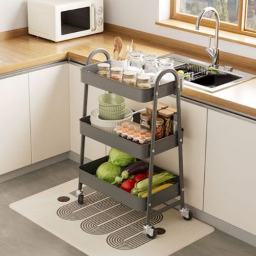 JIONJOY 3-Tier Metal Rolling Utility Cart, Mobile Storage Organizer with Lockable Wheels & Handles, Mesh Basket Trolley for Kitchen Bathroom Office