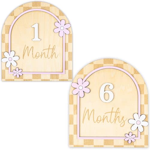 Daisy Flower Baby Monthly Milestone Cards - Wooden Monthly Milestone Double Sign - Newborn Photography Props to Document Your Baby´s Growth - Baby Announcement Sign (B10)