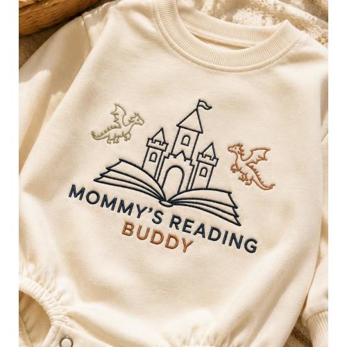Mommy's Reading Buddy Embroidered Baby Romper, Book Lover Baby Outfit, Fantasy Baby Clothes, Reading Baby Gift, Storybook Baby