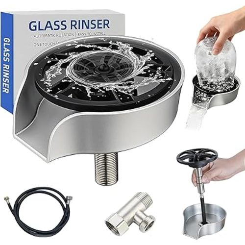Glass Rinser for Kitchen Sink Glass Rinser with Pull-Out Spray High Pressure 360° Rotating Faucet Glass Rinser Cup Cleaner Bottle Washer for Bar Cafe Sink (Silver)