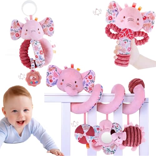 chochumy Infant Toys 0-6 Months Spiral Car Seat Toy - Baby Stroller Hanging Rattles Crib Toy Stuffed Animals for Babies 0-3-4-5-6-12 Month, Newborn Girl Boy Shower Gifts, Mirror Crinkle, Elephant 3PCS