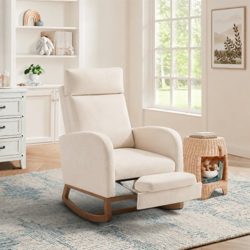 Someet Nursery Rocking Chair with Footrest,Linen Material Rocker Armchair with High Backrest and Pillow for Bedroom Living Room,Beige