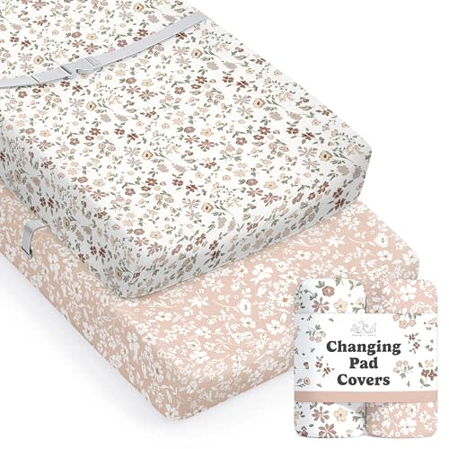 Baby Changing Pad Cover 2-Pack for Girls (Fleurette) - Premium Fitted Sheets Baby Diaper Changing Table Cover - Buttery Soft Cotton Blend