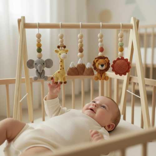 Handmade Custom Safari Baby Gym | Personalized Wooden Play Gym with Crochet Hanging Toys | Neutral Nursery Decor