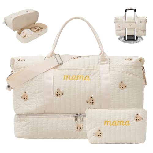 Mama Maternity Hospital Bag Essentials for Women Labor Delivery Baby Diaper Organizer with Shoe Compartment & Toiletry Pouch Travel Duffle Bag for Pregnancy Mommy Weekender Overnight Gifts,Beige Bear
