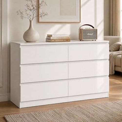 White Dresser for Bedroom, 48'' Modern Large 6 Drawer Dresser with Deep Drawer,Wide Storage Chest of Drawers,Bedroom Storage Furniture, TV Stand for Living Room