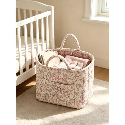 Personalized Quilted Floral Storage Basket - Custom Embroidered Name Baby Diaper Caddy Tote - Nursery Organizer - New Mom Baby Shower Gift.
