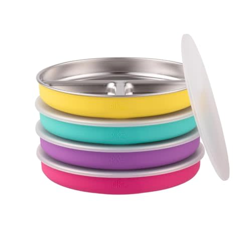 Stainless Steel Divided Plates + Silicone Sleeve and Storage Lid | Baby, Toddler, Kids | Dinner & Snack Plates | 4 Pack