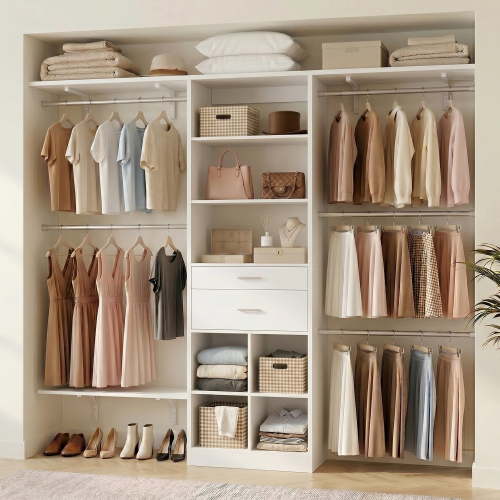 Homieasy Closet System - 4.75-8FT Closet Organizer System with Wooden Drawers & Cube Storage Organizer, 96" Closet Systems with Cuttable Hanging Shelvings for Nursery, White