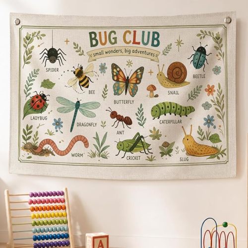 Cute Nursery Classroom Decor for Teacher, Entomology Insects Bug Club Canvas Banner Wall Hanging Banner Flag Decor, Colorful Educational Wall Flags for Nursery Classroom Playroom, 30x20