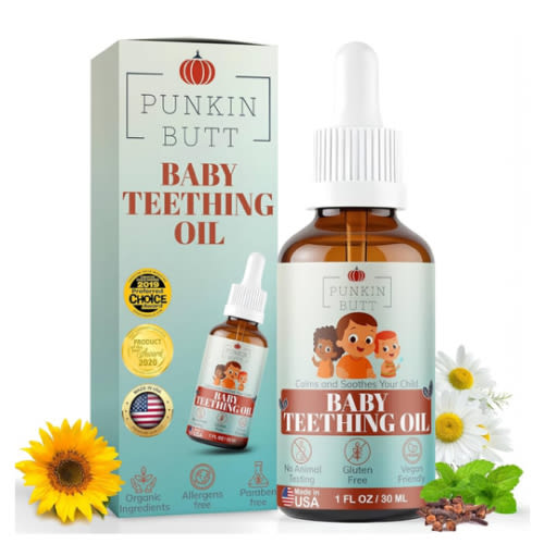 Punkin Butt - Natural Herbal Teething Oil for Babies - Daily Use Soothing Relief Drops | Baby, Infant, Toddler Gum & Tooth Relief | Organic Chamomile, Clove & Peppermint Infusion - 1oz with Dropper