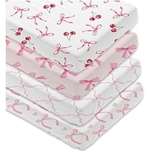 Baby Crib Sheets, Pink Bow and Stripe Pattern, 2 Pack