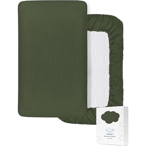 Olive Green Bassinet Mattress Sheets, Muslin Bassinet Sheet 32"x16" for Rectangle, Oval, Hourglass Bassinet Mattress, Moses Basket Sheets (46B-10)