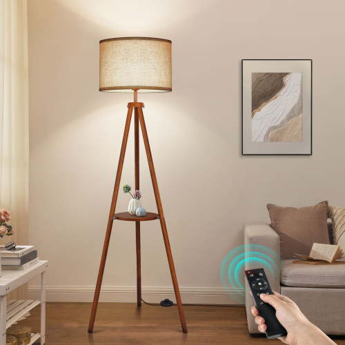 OUTON 63" Wood Tripod Floor Lamp with Shelves, Dimmable Standing Lamps with Remote Control, Modern Shelf Floor Lamp for Living Room, Bedroom, Office, LED Bulbs Included