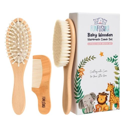Baby Hair Brush Set for Newborns & Toddlers - Baby Brush and Comb Set - Ultra Soft Goat Hair Bristles, Perfect for Cradle Cap, Newborn Showers & Registries Gift, Comb Brush for Girls & Boys (Walnut)
