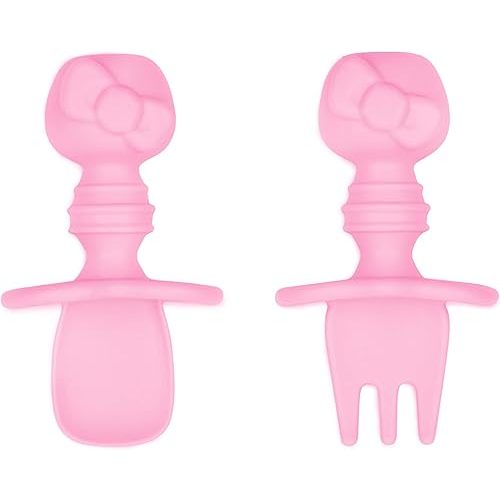 Bumkins Baby Utensils Set, Chewtensils Silicone Spoons for Dipping, Self-Feeding, Baby Led Weaning, Trainer Learning, First Stage Eating, Soft Practice Fork and Spoon, 6 Months, Hello Kitty Pink