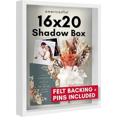 Americanflat 16x20 Shadow Box Frame with Polished Plexiglass - Silhouette Collection - Large Shadow Box Display Case for Tabletop and Wall Display - White with Soft Felt Back