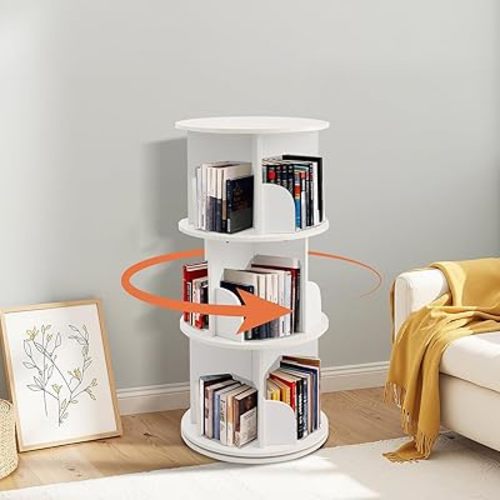 5/4/3/2-Tier Wooden Rotating Bookshelf, 360° Spinning Bookcase for Kids & Small Spaces, Corner Shelf Storage Organizer for Bedroom, Living Room,Multi-Functional Bookshelf Organizer (White, 3 Tier)