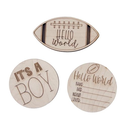 Wooden Baby Announcement Discs – Hello World & Birth Stats – It’s a Boy/Girl – Newborn Photo Prop & Baby Shower Gift