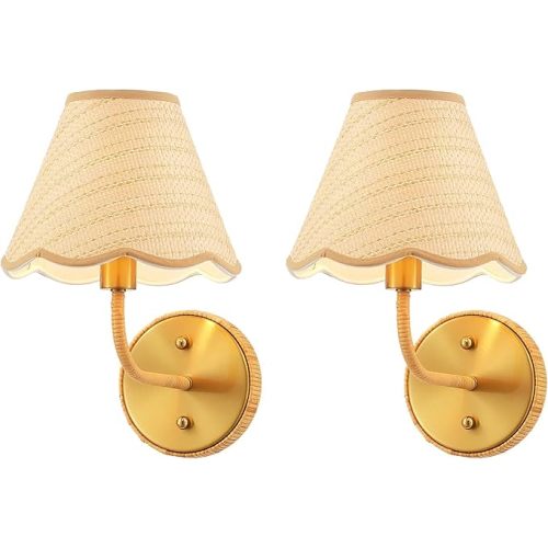 Elycucpa Boho Hand Woven Rattan Wall Sconces Set of Two Rustic Industrial Wall Lamp Brass Farmhouse Wall Lights for Bedroom Living Room Hallway Vanity, Dia 11”, UL Listed