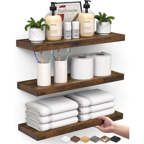 BAYKA Floating Shelves Bathroom for Wall – Shelf Over Toilet Farmhouse Rustic Wood for Bedroom, Kitchen, or Living Room Decor Organization, Halloween Decor Shelves – Rustic Brown, Set of 3