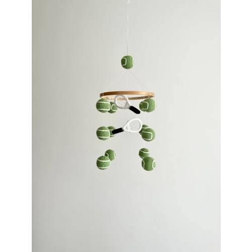 Crochet tennis balls and rackets baby mobile , Crochet tennis balls baby nursery, Handmade baby mobile, baby shower gift, Christmas gift.