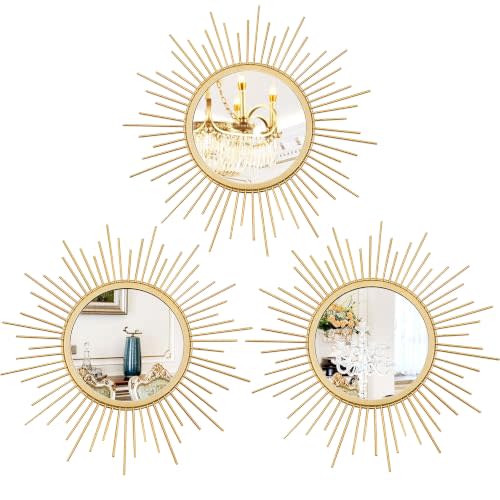 3 Pack Metal Mirrors for Wall Gold Sunburst Wall Mirror Home Decor Wall Art | Metal Wall Mirror Décor Cute Decorative Accent Hanging Wall Art for Living Room Bedroom Entryway Hallway Dorm Gold Sunburst