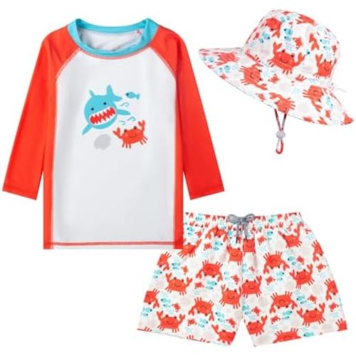 Toddlers Baby Boys' 3-Piece Rashguard Set Kids Bathing Suit Set with Hat UPF 50+
