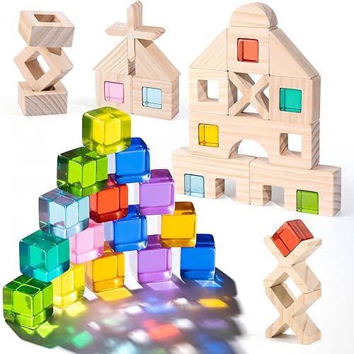 Woodtoe Wooden Rainbow Building Blocks Set for Kids | 22 PCS Wooden Blocks & 25 PCS Acrylic Gem Cubes Sensory Toys | Montessori Stacking Toys for Toddlers | Educational STEM Toys for Boys Girls 3-6