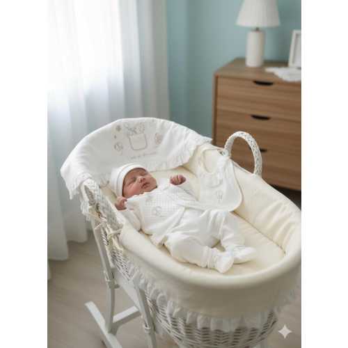 White Embroidered Newborn Set, 10 Piece Cotton Hospital Outfit, Ruffled Bear Print Layette, Elegant Unisex Baby Gift, Soft Infant Home Kit