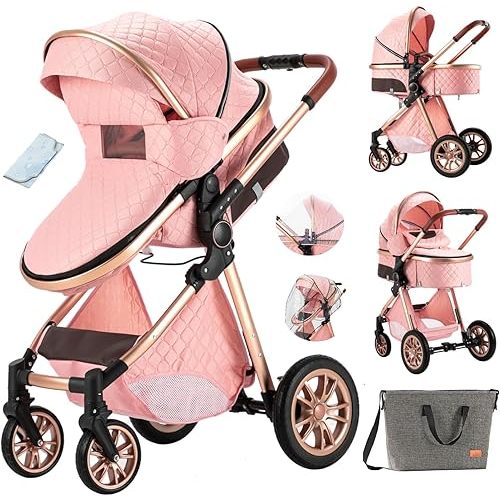 2-in-1 Baby Stroller High Landscape Pram Convertible Carriage with Reversible Bassinet for 0-36 Months,Pink