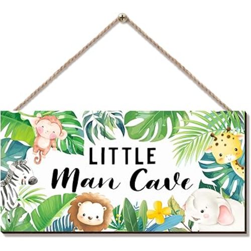 ZIEYOMI- Little Man Cave Sign Woodland Nursery Room Decor, Jungle Safari Animal Theme Boys Bedroom Decor, Wooden Plaque Hanging Wall Art for Baby Toddler Boys Room Kids Playroom Decorations