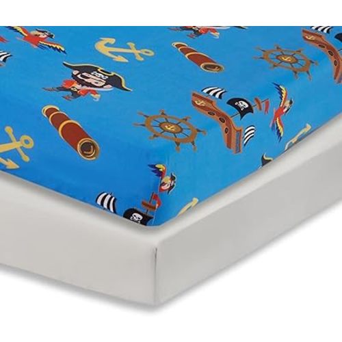 Everyday Kids 2 Pack Fitted Boys Crib Sheet, 100% Soft Breathable Microfiber Baby Sheet, Fits Standard Size Crib Mattress 28in x 52in, Nursery Sheet - Pirates/Grey