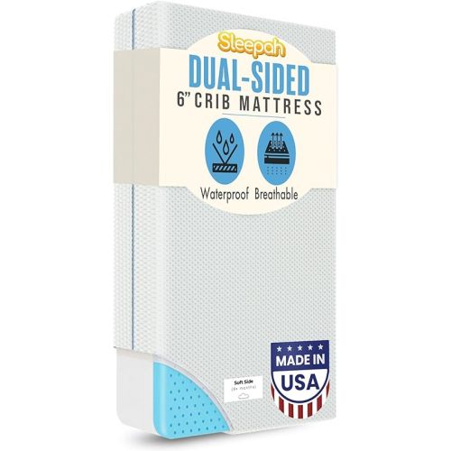 Sleepah 6" Crib & Toddler Bed Mattress - Made in USA – Waterproof Washable Breathable Soft Fabric - Dual Sided Cooling Memory Foam – CertiPUR & OKEO-Tex Certified Mattresses for Baby & Toddlers Blue