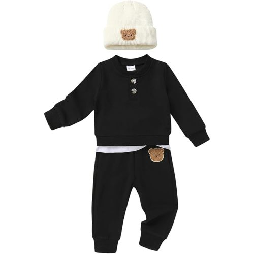 YOUNGER TREE Toddler Fall Outfits Baby Boy Sweatshirt Top Sweatpants Set Cute Sweatsuit for Boy Winter Clothes with Hat