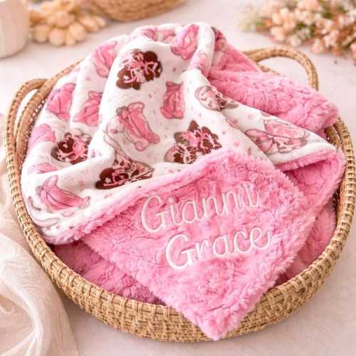 Personalized Pink Baby Blanket, Fancy Boots and You Choose Minky Color, Newborn Girl, Baby Girl Shower Gift, Western Baby Shower, Cowgirl